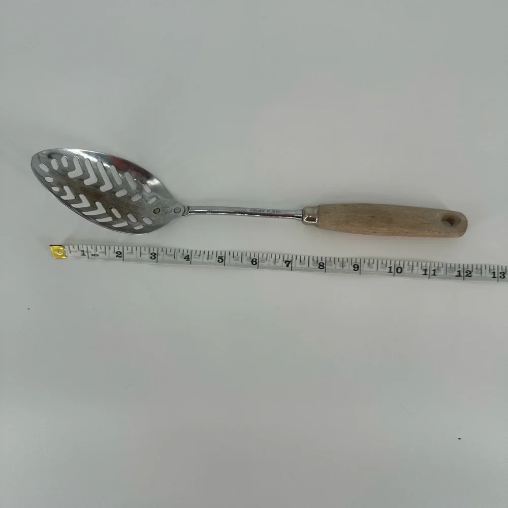 Vintage Ekco Slotted Spoon Approximately 12 inch Wooden Handle Chrome Plated